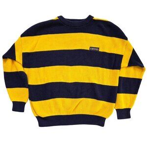 Vintage Izod Men's Sweater XL Navy Blue Yellow Heavyweight Cotton Cozy Cabincore